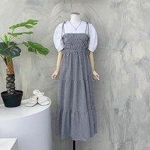 [행복여] 로로 고방 체크 스모크 밴딩 끈 조절 뷔스티에 원피스