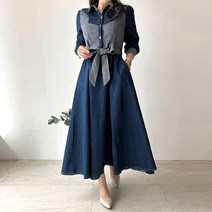 네모엔룩 배색데님롱 스트라이프 배색 카라넥 허리끈 롱 원피스