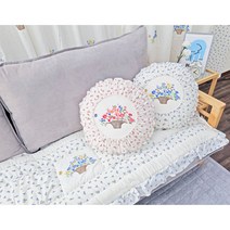 꾸미지오) 꽃바구니 원형 쿠션 커버 - 국내생산 순면 20수 바이오워싱 광목 호박쿠션 핸드메이드 홈데코, 꽃바구니 블루(솜 미포함)