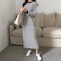 쏭걸 가을 빅사이즈 줄무늬 원피스 홈웨어 긴팔 면원피스 오버핏 맨투맨 롱원피스 2395