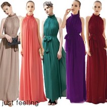 JUST FEEL!NG 여름 신상품 큰 사이즈 보헤미안 민소매 홀터넥칼라 여성스러운 시폰 고급스러운 순색 롱 원피스 드레스