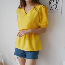 마롱패션 반팔 브이넥 퍼프 프릴 블라우스