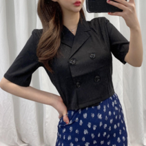 바나나2 여성용 더블 버튼 크롭 자켓