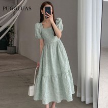 여성 쉬폰 원피스 우아한 빈티지 스퀘어 칼라 퍼프 슬리브 플라워 프린트 백리스 미디 드레스 용 복고풍 시크 스타일 그린