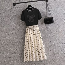 하객룩투피스 하이틴룩 봄 셋업 나비 매듭 니트 티셔츠 여름 레이디패션 투피스 드레스 세트 반팔 탑스 메쉬 스커트 정장