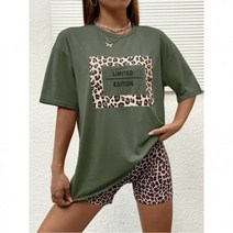 봄 여름 SHEIN EZwear 호피 무늬 & 알파벳 프린트 드롭 숄더 티 헬스 반바지305719