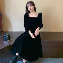여성 벨벳 롱원피스 빅사이즈 빈티지 블랙 긴팔 원피스 가을 겨울