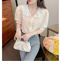 상의 여름 여성 오렌지 캐주얼 반팔 브이넥 쉬폰 상의 블루 루즈핏 퍼프소매 레이스 셔츠