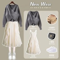 웨딩촬영커플룩 77사이즈원피스 예복원피스 패션 여성 정장 가을 슬림 긴 소매 드레스 V-neck 스웨터 두 조