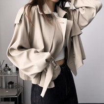 레이디스룸 여성 오버핏 크롭 숏 트렌치 코트 자켓