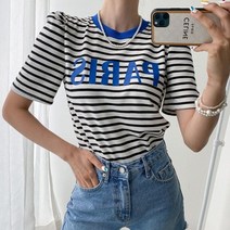 라임브릿지 퍼프 파리 단가라 반팔 티셔츠