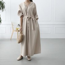 [뽐나] 여성 빅사이즈 롱셔츠 허리 리본 네츄럴 주름 롱원피스