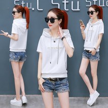 여름 여성 티셔츠 후드 스트링 면 루즈핏 자수 레터링 캐주얼 반팔티 풀오버 통기성 편한 빅사이즈 B66