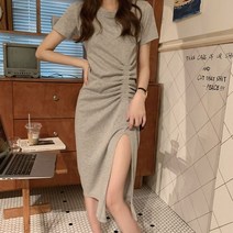 여성 하객 케주얼 원피스 라운드넥 반팔 셔링 앞트임 신축성 데일리 원피스