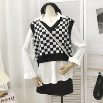 유블리 여성 체커보드 크롭 니트 조끼