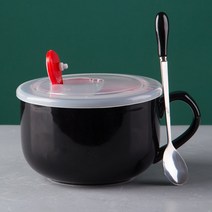 다용도 대형 머그잔 750ml 덮개 스푼 포함 사무실 머그컵 야근 인싸템 라면 물컵 시리얼 오트밀 인스턴트 식품 국수 우유, 블랙