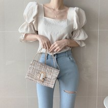 딜라이 여성 여름 셔링 퍼프 소매 블라우스티