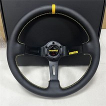 MOMO pu 가죽 딥 디쉬 드리프트 스포츠 스티어링 휠 옐로우 라인 스티칭 14 인치 350mm