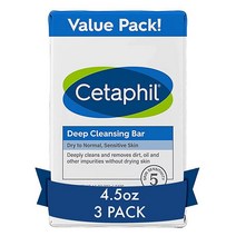Cetaphil 딥 클렌징 페이스 앤 바디 바 무향 3개입 모든 피부용 팩 비누 저자극 파라벤 프리 메이크업 먼지 및 유분 제거, 4.5 Ounce (Pack of 3)