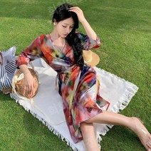 프랑스 패턴 랩 원피스 빈티지 드레스 휴가 바다 해변 슬림 핏 v 넥 여행 바캉스 룩 신혼여행