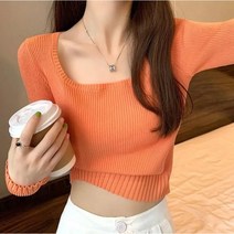 Momolatti 여성용 스프링 봄 하찌 스퀘어 칼라 니트 긴 소매 티 셔츠