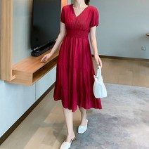 잇츠스타일 레드 허리주름 브이넥 플레어 주름 롱 원피스