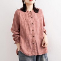 린넨긴팔셔츠 린넨 셔츠 블라우스 봄 가을 라운드넥 코튼 여성 루즈하고 세련된 빈티지 긴팔 상의 우아한 캐주얼 솔리드