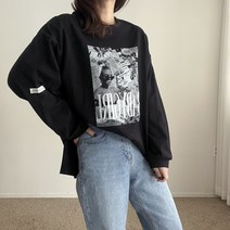 에이치스 빈티지무드 전사나염 루즈 박시핏 트임 긴팔 티셔츠