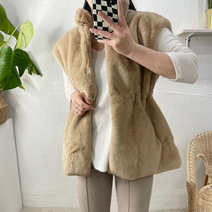 비쥬비 [무배/2col] 여자 밍크 래빗 퍼 하이넥 허리끈 하프 조끼 자켓