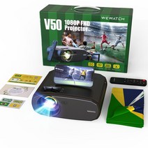 미니 빔프로젝터 WEWATCH-V50 휴대용 5G 와이파이 프로젝터 스마트 리얼 1080P 풀 HD 영화 200 인치 대형 스크린 LED 블루투스 무선 화면 음향 청취 원격 조정, [02] V50 Wolrd Cup, [01] EU 플매트 카펫 러그