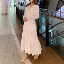 모노위크 르랑 프릴 화이트 쉬폰 롱원피스