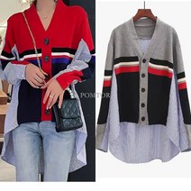 POMTOR 믹스 배색 반반 가디건 스트라이프 셔츠가디건T130066H + 덧신증정