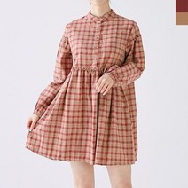 귀여운 여성 의류 허리 주름 차이나 카라 체크 원피스