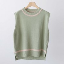 제니트 여성 루즈핏 라운드넥 데일리 레이어드 배색 니트 조끼 베스트 미핑배색언발