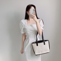 비비미미 스퀘어넥 퍼프 소매 스트라이프 벨트 반팔 린넨 롱 원피스 하객룩 바캉스룩