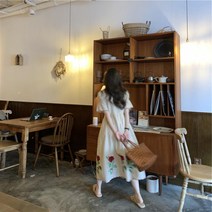 린넨 프렌치 복고풍 명품 장미 자수 반팔 롱 원피스