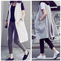 토파즈 TT0758 여자 봄 여름 가을 마 린넨 면혼방 미디 롱 카라 루즈핏 포켓 베스트 조끼 데일리룩