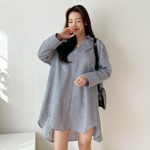 여자 잔줄 스트라이프 V넥 일자 셔츠 튜닉 원피스