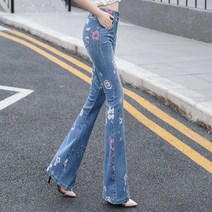 쩐쿠 가을 여성 플라워 나팔 데님 청바지 8455
