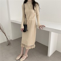 투룩 터틀넥 허리끈 골지 니트 레이스 롱원피스