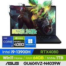 [백팩 증정!] ASUS ROG 제피러스 M16 GU604VZ-N4039W 롤 배그 오버워치 발로란트 영상편집 고사양 16인치 게이밍 노트북 (코어i9-13900H/RTX4080), 윈도우11 홈, 64GB, 1TB, 코어i9, 블랙