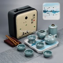 다기 다도 여행 차 세트 휴대용 손님접대, 하늘색 운 옥 풍경 천 가방개