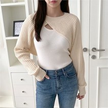 셀러허브 패션 [코지] 여자 골지 사선크롭 레이어드 볼레로 스타일 니트