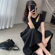 이너 여성 긴팔 펀칭 옐로우 원피스 디자인 소소한 허리 조임 롱 스커트 이너
