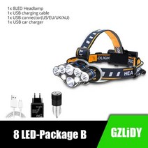 USB 충전식 T6 전조등 강력한 8 LED 슈퍼 브라이트 야외 18650 랜턴 테일 경고등, 8LED-Package B, With 18650 Battery, CHINA