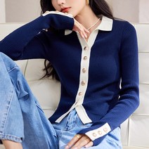 넷투넷코리아 여성 긴팔 카라넥 슬림핏 배색 니트티 심플 스웨터