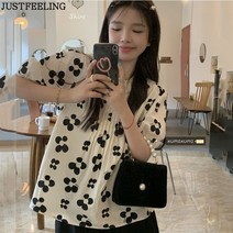JUSTFEELING 반팔 여성 블라우스 와이드핏 풀오버 여성의류 여름 플라워 프린팅 퍼프소매 데이트룩