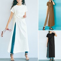 S-5XL 여성 캐주얼 스트리트 패션 반팔 O-넥 솔리드 컬러 불규칙한 사이드 포크 느슨한 셔츠 블라우스 롱티셔츠