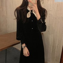 최 배색 리본 벨벳 롱 드레스 2color 가을 겨울 슬림 펄 버튼 집더
