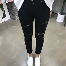 용된다 남자 찢어진 스판 워싱 블랙진 청바지